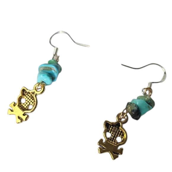 Turquoise Chip Gold Skull Bone Earrings - Picture 2 of 2